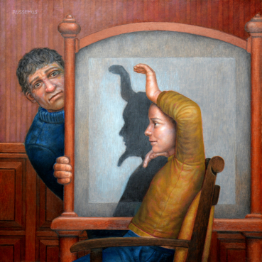 Siluetschilder, olieverf op maroufle, 37x37cm